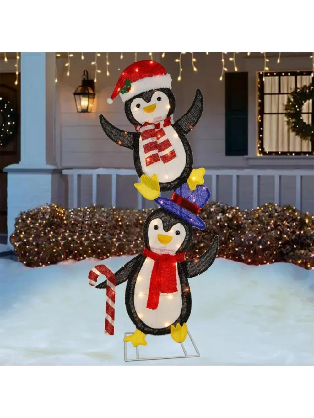 Set of 2 Lighted Tinsel Penguins - Pre-Lit 2D Holiday Decor for Indoor/Outdoor